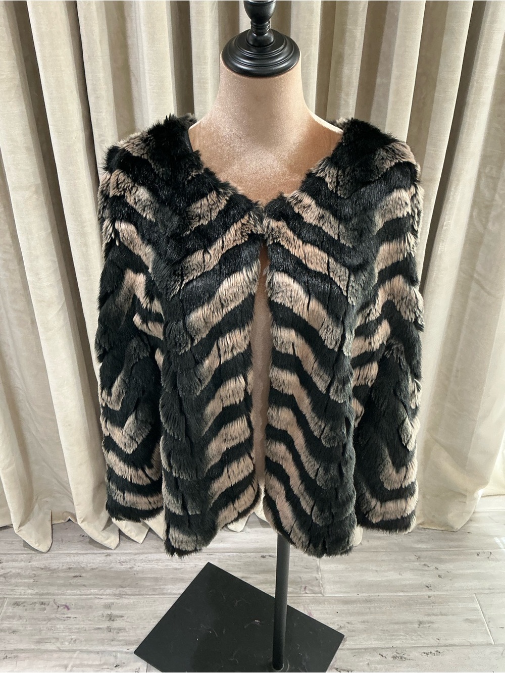 Faux Fur Zebra-Stripe Coat - Black & Cream